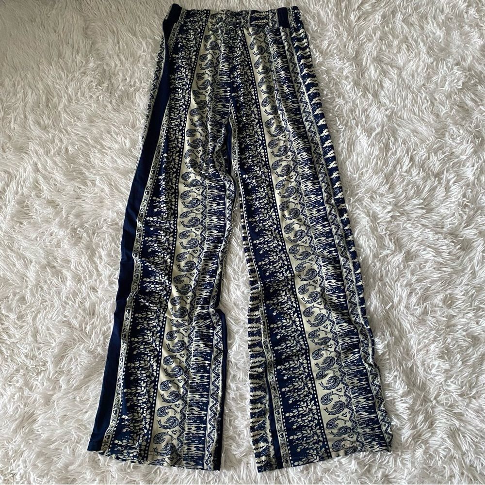 Bohemian Style High Rise Blue and White Wide Leg Pants Size M